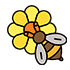 Cartoon bee with large eyes and wings next to a bright yellow flower with layered petals.