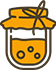 Jam jar icon with bubbles, orange and black colors, lid secured with string.